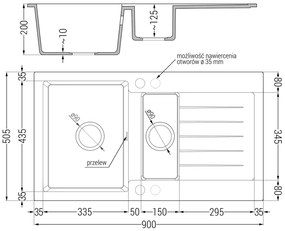 Mexen Matias, granitový drez 900x505x200 mm, 1,5-komorový a biela batéria Rita, biela, 6502-20-670300-20