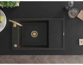 Mexen Elias, 1-komorový granitový drez s odkvapkávačom 80x48 cm a kuchynskou batériou Telma, čierna-zlatá, 6511-75-670200-50