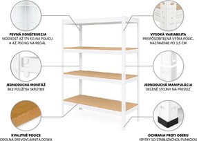 Regál 160x80x40 cm lakovaný 4-policový, nosnosť 700 kg - biely