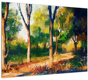 Sklenený obraz lesa v letnom slnku, maľba (70x50 cm)