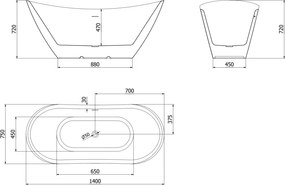 Mexen Lotos, voľne stojaca vaňa 140 x 75 cm, biela, prepad brúsený nikel, 52051407700-97