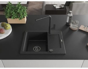 Mexen Enzo, 1-komorový granitový drez 576x465x174 mm a drezová batéria Flora, čierna-strieborná metalíza, 6506-73-670401-70-B