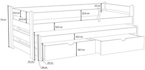 Detská posteľ z masívu borovice ALEX s prístelkou a šuplíky - 200x90 cm - PRÍRODNÁ BOROVICA