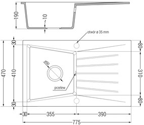 Mexen Cesar, 1-komorový granitový drez 775x470x190 mm a drezová batéria Aster, čierna-strieborná metalíza, 6514-73-73450-57-G