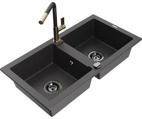 Mexen Mario, 2-komorový granitový drez 820x436x161 mm a drezová batéria Flora, čierna škvrnitá, 6504-76-670401-57-B