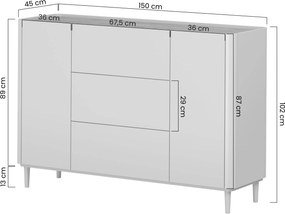 Komoda Elivo 150 cm so zásuvkami na nožičkách - eukalyptus / dub baltic dune