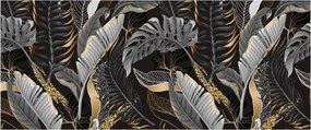 Obraz - Tropické listy v čierno-zlatej (120x50 cm)