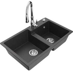Mexen Tomas, granitový drez 800x500x190 mm, 2-komorový a drezová batéria Savita, čierna škvrnitá, 6516-76-672601-00