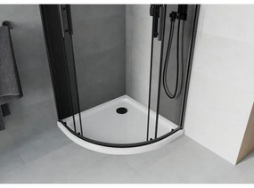 Mexen Rio, štvrťkruhový sprchovací kút s posuvnými dverami 80(dvere) x 80(dvere) x 190 cm, 6mm šedé sklo, čierny profil + biela sprchová vanička SLIM, 863-080-080-70-40-4110B