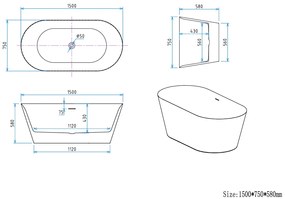 Erga Molly, voľne stojaca vaňa 150x75 cm + odtoková zátka, biela lesklá, ERG-Molly-150075-WH-WH