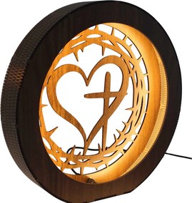 Drevená LED lampa Srdce s krížom a tŕňovou korunou | JEZUE: HDF - Orech 20 cm 4779-115090 LED0600