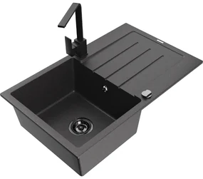 Mexen Bruno, drez granitový 795x495x200 mm, 1-komorový, čierna škvrnitá s čiernym sifónom a čierna drezová batéria Rita, 6513-76-670300-70-B