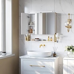 Zrkadlová skrinka do kúpeľne Nástenná skrinka s LED svetlom, biela a zlatá farba