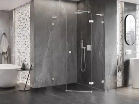 Mexen Lunar, L pravý výklopný päťuholníkový sprchový kút 80 x 100 cm, 8mm číre sklo, biely profil, 831L-080P-100L-20-00-P