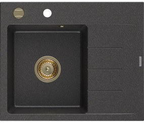 Mexen Ben, 1-komorový granitový drez 600x500x190 mm, ľavý + zlatý sifón, čierna škvrnitá, 6522605000-76-G