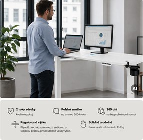 Elektrický stôl s nastaviteľnou výškou ergonomický biely,1600x800 mm: ARIA