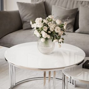 OKRÚHLY KONFERENČNÝ STOLÍK 2v1 LEONARDO 2 CHRÓM + BIELE SKLO