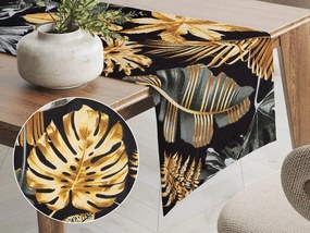 Biante Bavlnený behúň na stôl Sandra SA-389 Sivozelené a zlaté tropické listy na čiernom 20x180 cm