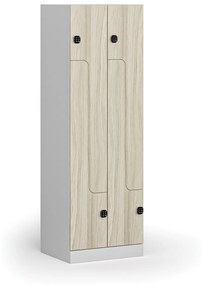 Kovová šatníková skrinka Z, 4 oddiely, 1850 x 600 x 500 mm, kódový zámok, laminované dvere, dub prírodný