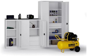 Policová dielenská skriňa 2-dverová, 2 police + 4 zásuvky, 1180 × 950 × 500 mm, sivé dvere