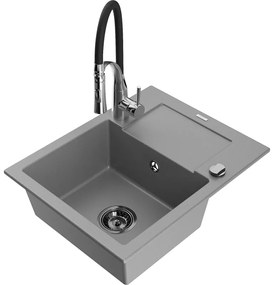 Mexen Enzo, 1-komorový granitový drez 576x465x174 mm a drezová batéria Aster, šedá, 6506-71-73450-07-B