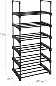 Kovový stojan na topánky, 6 úrovní, prispôsobiteľný, čierny