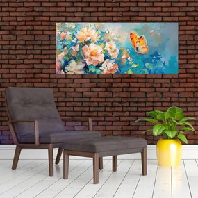 Obraz - Motýľ a kvety, olejomaľba II. (120x50 cm)
