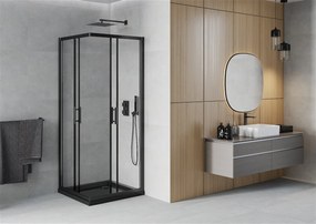 Mexen Rio, štvorcový sprchovací kút s posuvnými dverami 90 x 90 cm, 5mm číre sklo, čierny profil + čierna sprchová vanička, 860-090-090-70-00-4070B