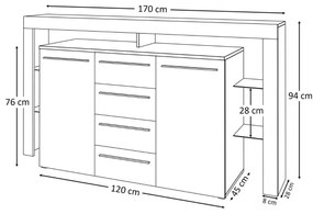 KOMODA ELIS LED ČIERNO BIELA ŠEDÉ ZÁSUVKY VYSOKÝ LESK 170 cm