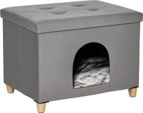 PawHut 2-v-1 Mačací Jaskyňa Ottomán s Odnímateľným Viečkom a Prateľným Vankúšom 60x45x44.5 cm Šedá | Aosom