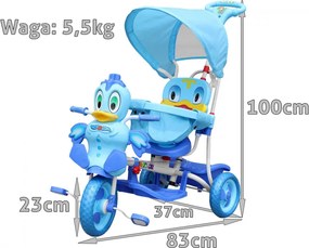 RAMIZ Detský 3-kolesový bicykel Duck Blue + zvuky + strecha + zábrana + opierka na nohy + rukoväť + úložný priestor