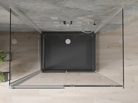 Mexen Omega, 3-stenový sprchovací kút s posuvnými dverami 140 (dvere) x 100 (stena) x 190 cm, 8mm číre sklo, chrómový profil + čierna sprchová vanička SLIM, 825-140-100-01-00-3S-4070