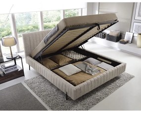 Béžová čalúnená dvojlôžková posteľ s úložným priestorom s roštom 160x200 cm Plissa – ELTAP