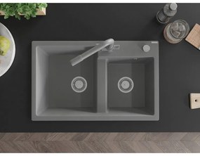 Mexen Tomas, granitový drez 800x500x190 mm, 2-komorový a šedá batéria Duero, šedá, 6516-71-671600-71