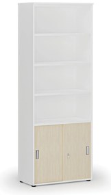Kombinovaná kancelárska skriňa PRIMO WHITE, zasúvacie dvere na 2 poschodia, 800 x 420 x 2128 mm, biela/breza