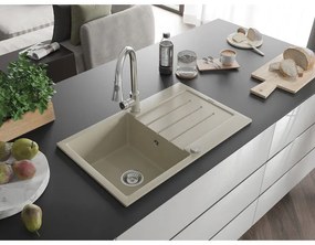 Mexen Bruno, 1-komorový granitový drez 795x495x200 mm a drezová batéria Elia, béžová, 6513-69-670101-00
