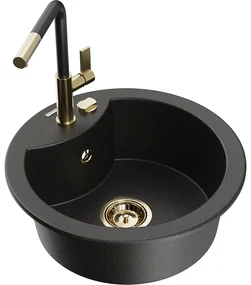 Mexen Diego, 1-komorový granitový drez 488x488x167 mm a drezová batéria Flora, čierna-zlatá metalíza, 6512-75-670401-57-G