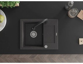Mexen Enzo, 1-komorový granitový drez 576x465x174 mm a drezová batéria Elia, čierna škvrnitá, 6506-76-670101-70