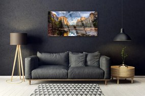 Obraz na skle Hora les jazero príroda 125x50 cm
