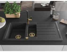 Mexen Andres, 1,5-komorový granitový drez 1000x500x200 mm a drezová batéria Flora, čierna škvrnitá, 6515-76-670401-57-G