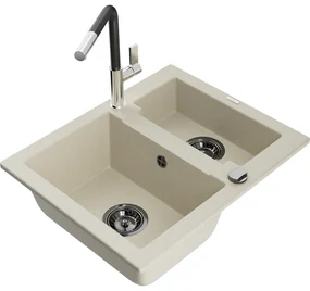 Mexen Carlos, 1,5-komorový granitový drez 582x475x177 mm a drezová batéria Flora, béžová, 6518-69-670401-07-B