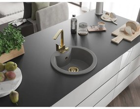 Mexen Diego, 1-komorový granitový drez 488x488x167 mm, zlatý sifón, zlatá lesklá batéria Rita, šedá, 6512-71-670300-50