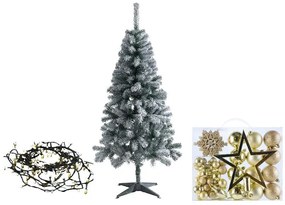 Livarno home Zasnežený umelý vianočný stromček, 150 cm + Svetelná LED reťaz, teplá biela + Ozdoby, zlaté  (800010998)