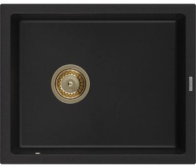 Mexen Pedro, granitový drez 560x460x200 mm, 1-komorový, čierna so zlatým sifónom, 6508561000-77-G