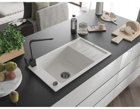Mexen Elias, granitový drez granitový 795x480x200 mm, 1-komorový, biela s čiernym sifónom a čierna drezová batéria Rita, 6511-20-670300-70