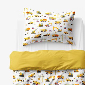 Goldea detské bavlnené obliečky duo - nákladné autá a bagre s medovo žltou 150 x 200 a 50 x 60 cm