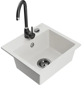 Mexen Milo, 1-komorový granitový drez 435x410x171 mm a čierna batéria Telma, biela, 6505-20-670200-70