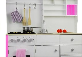 LEAN Toys Detská drevená kuchynka Paula ružovo-biela s otváracími prvkami