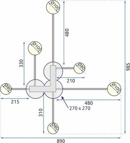 Toolight Toolight, LED stropné svietidlo 6-ramenné APP521-6C + diaľkové ovládanie, čierna, OSW-08463
