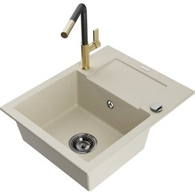 Mexen Enzo, 1-komorový granitový drez 576x465x174 mm a drezová batéria Flora, béžová, 6506-69-670401-57-B